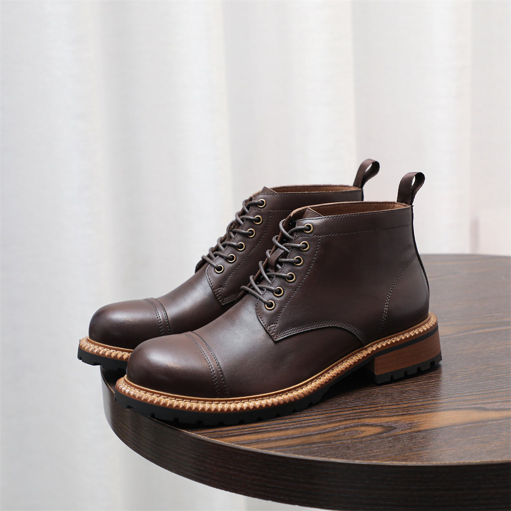 Cap Toe Leather Contrast-Welt Lace-Up Boots for Men