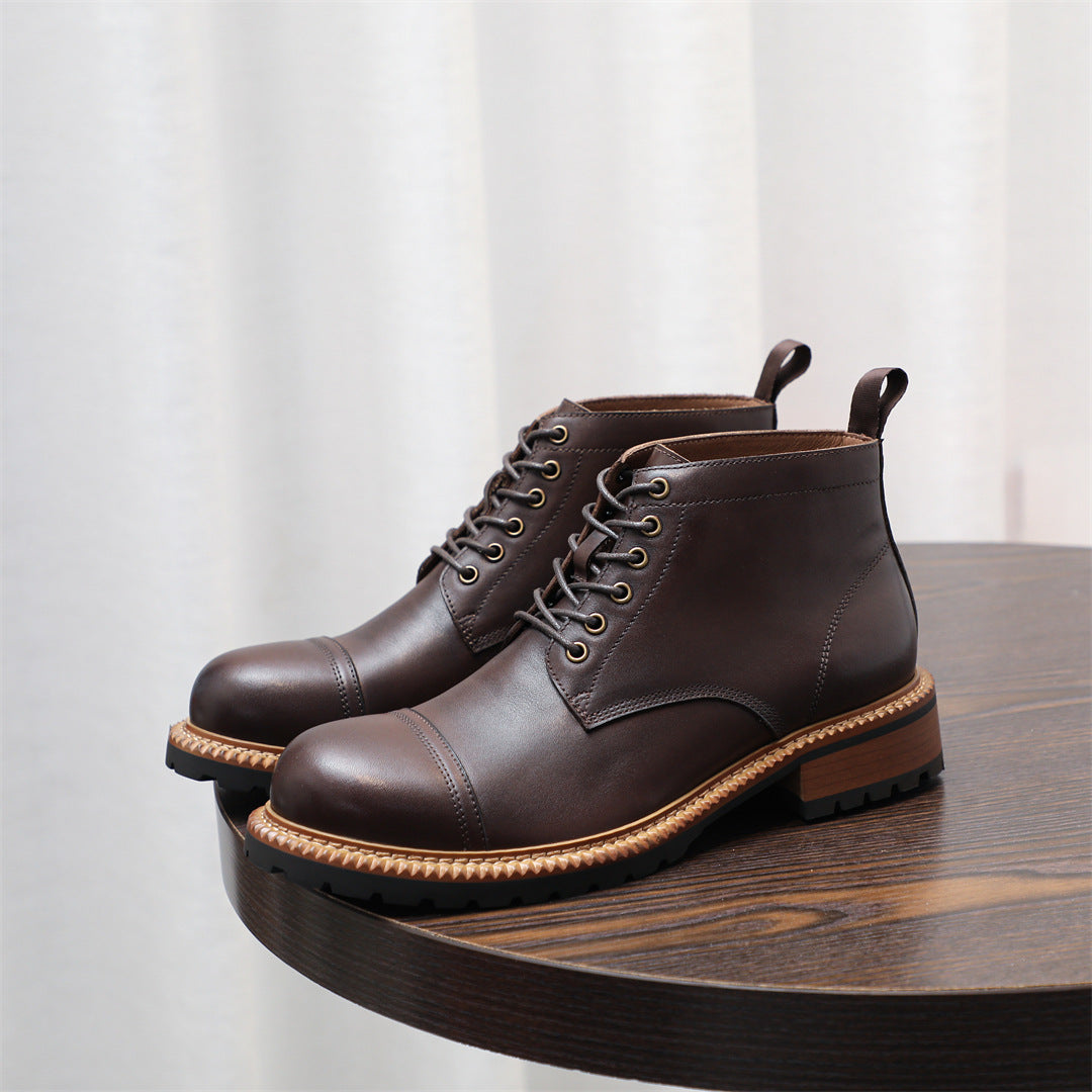 Cap Toe Leather Contrast-Welt Lace-Up Boots for Men