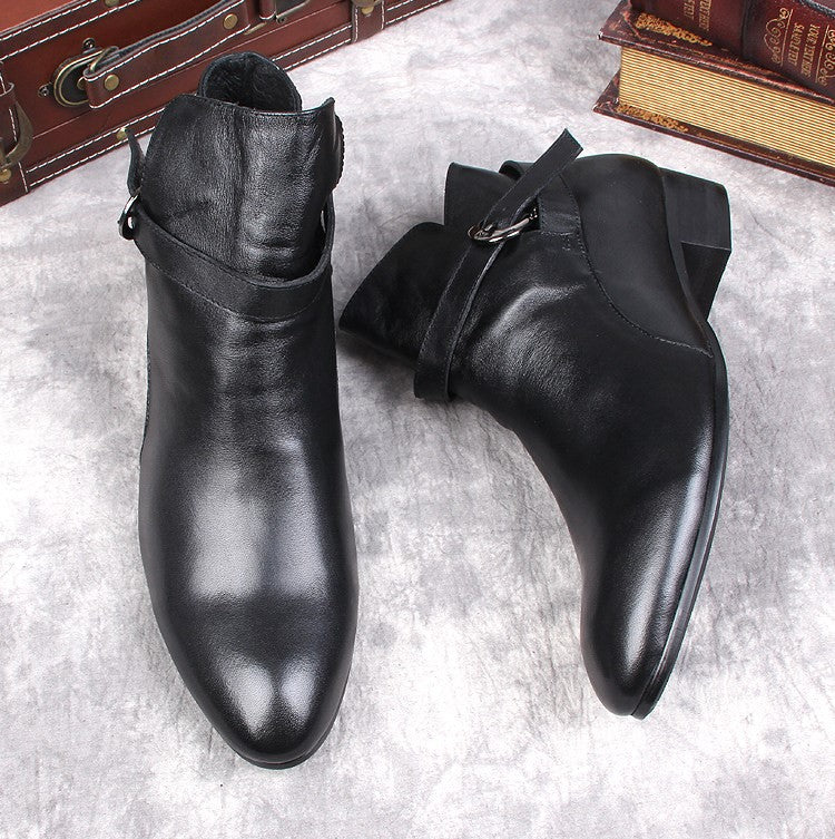 Black leather dress ankle boots with pointed toe and side buckle strap, low block heel.