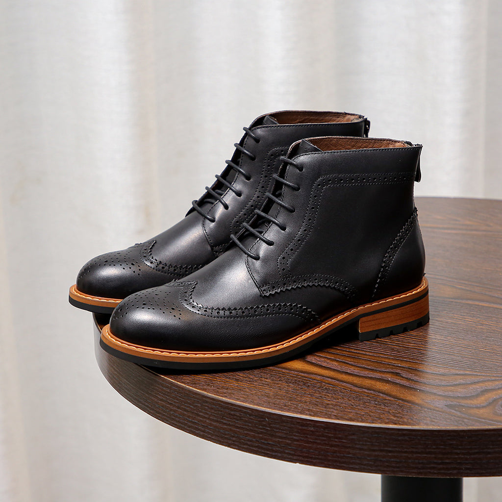 Men's Leather Wingtip Brogue Back-Zip Ankle Dress Boots