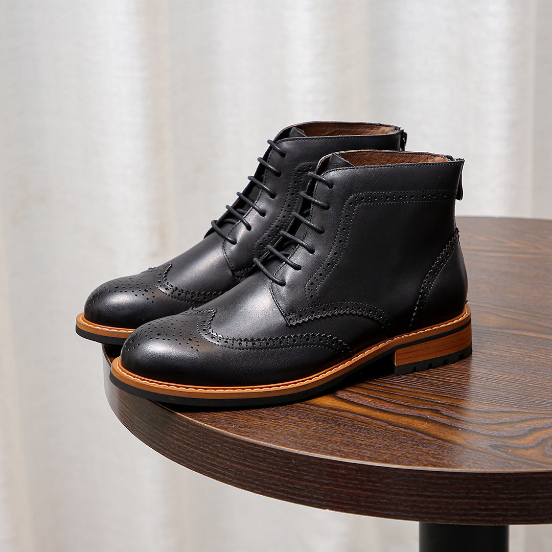 Men's Leather Wingtip Brogue Back-Zip Ankle Dress Boots