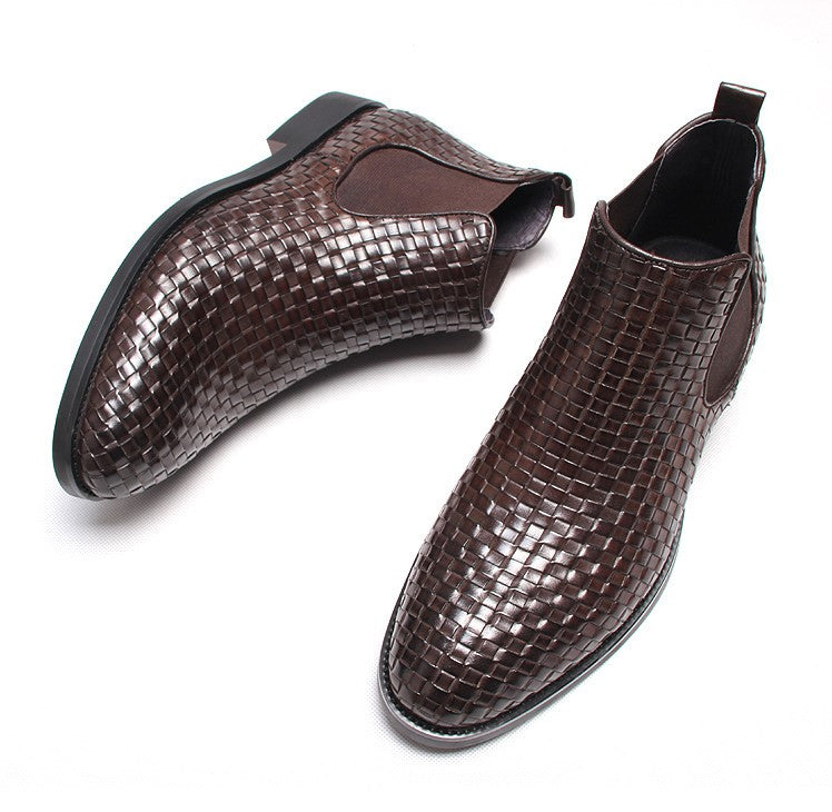 Men's dark brown woven leather Chelsea dress boots with elastic side panels