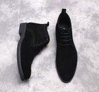 Men's suede lace-up dress boots, dark color, round toe, low block heel