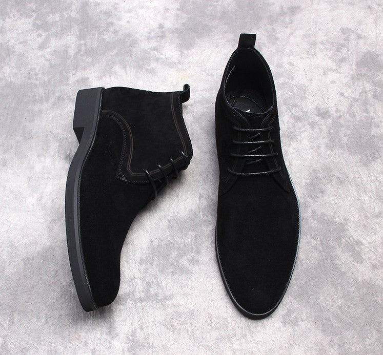 Men's suede lace-up dress boots, dark color, round toe, low block heel