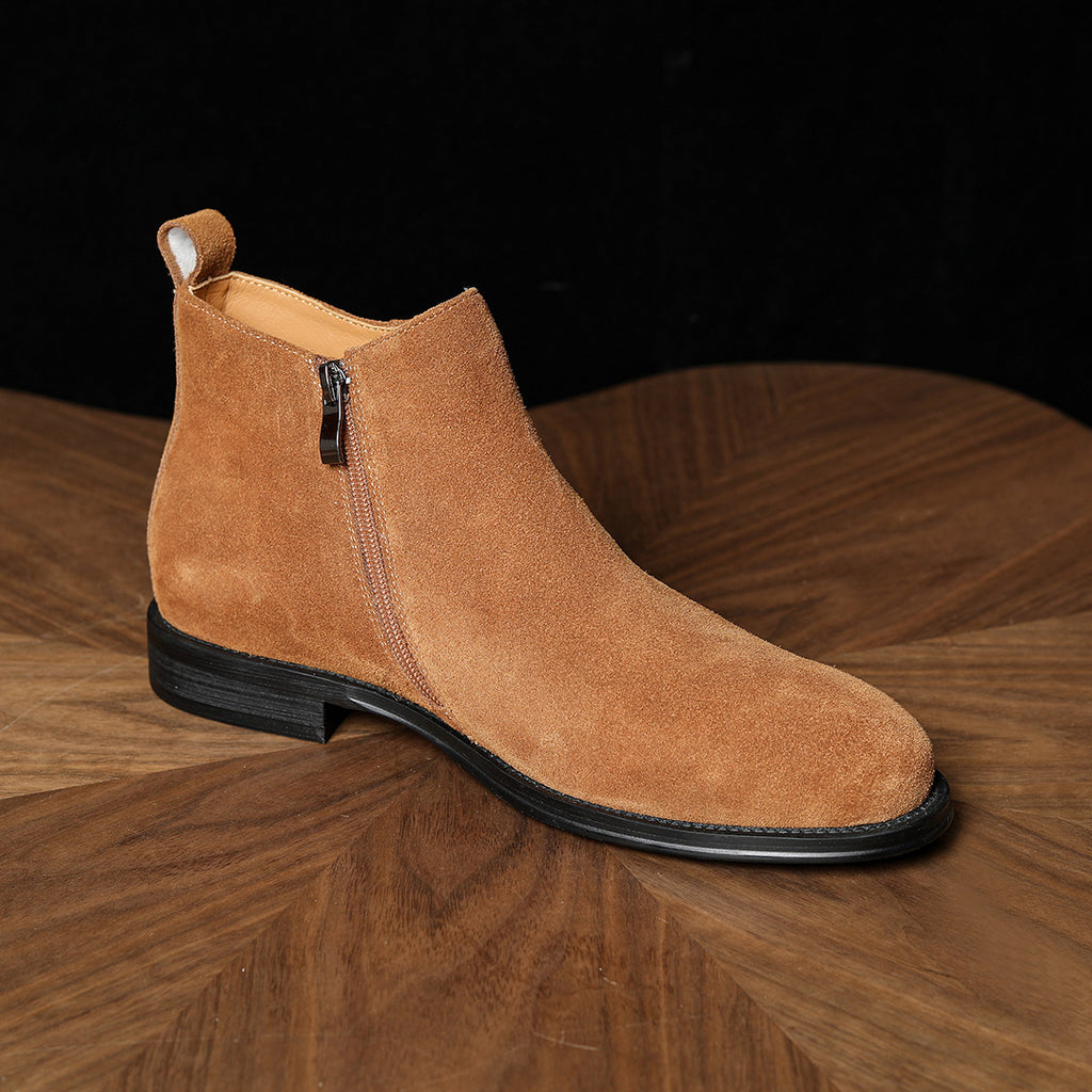 Men's pointed-toe leather side-zip dress boots, front side view, brown suede