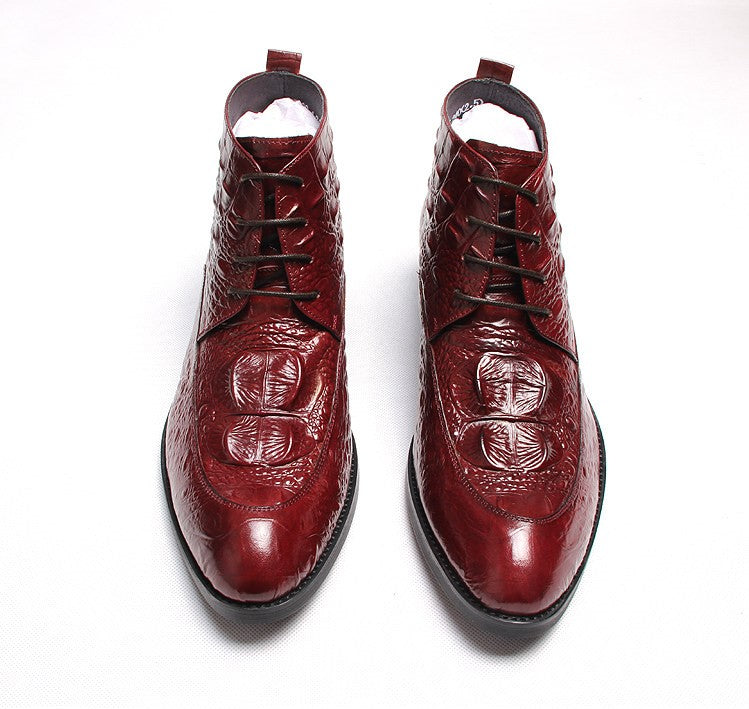 Burgundy lace-up dress boots, top view with lace-up closure and glossy patterned finish