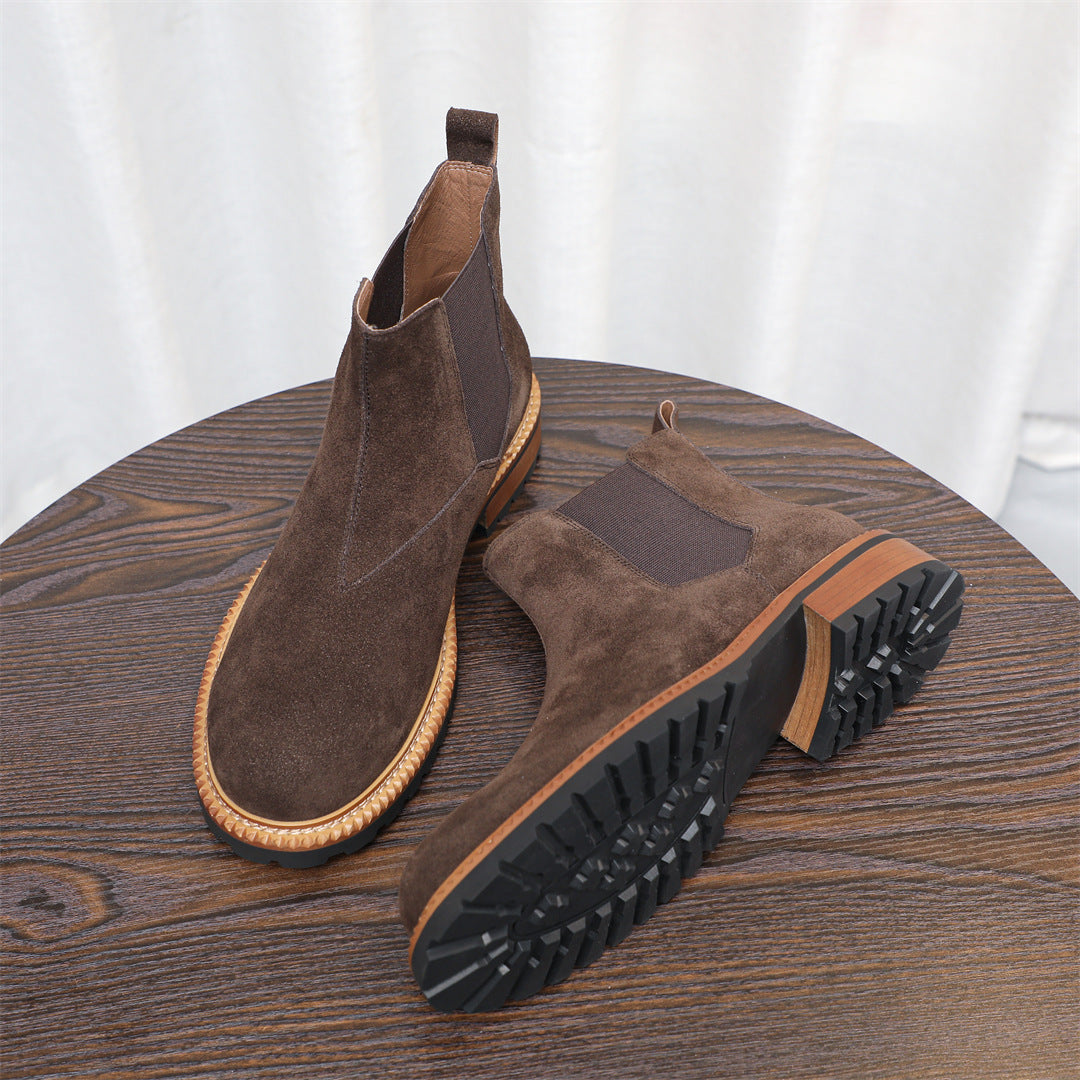 Round Plain Toe Suede Contrast-Welt Chelsea Boots for Men
