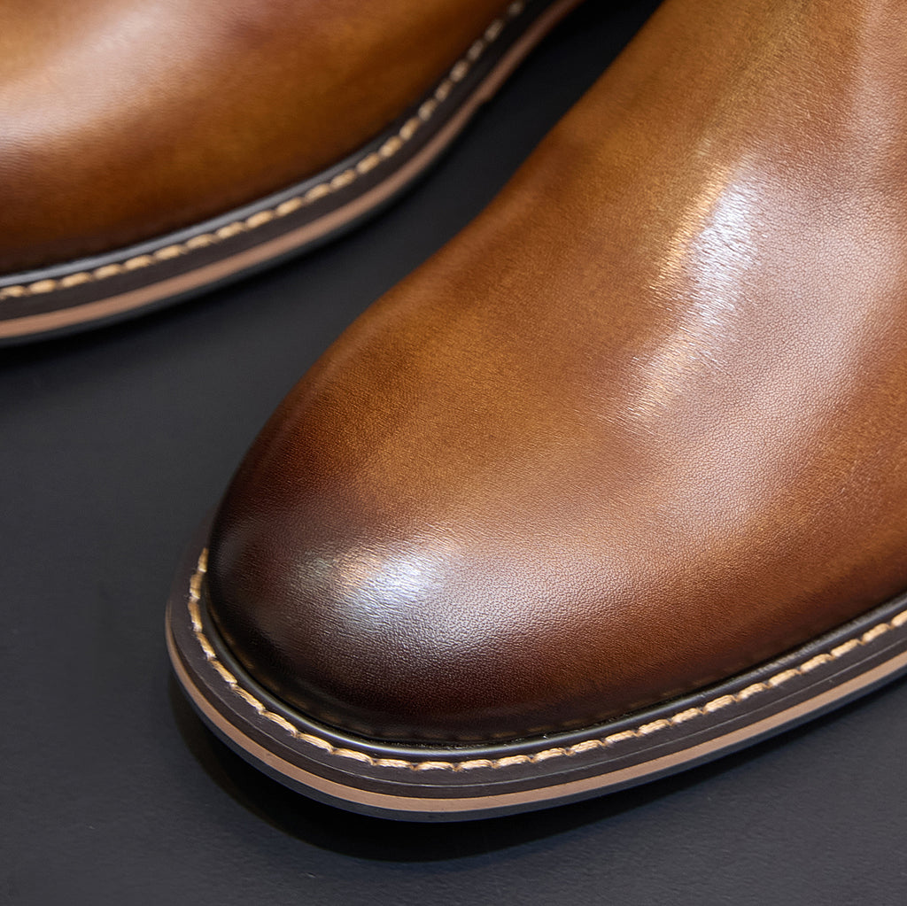Men's suede chelsea boot toe, brown pointed finish with stitched sole