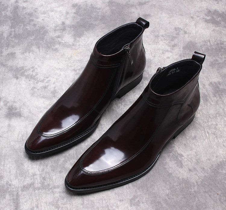 Men's leather formal boots with side-zip, thick sole, dark brown