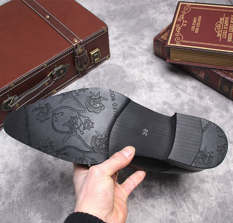 Men's brown leather side-zip boots with patterned outsole and thick sole