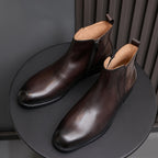 Pointed-toe leather side-zip dress boots in dark brown, pair with open tops