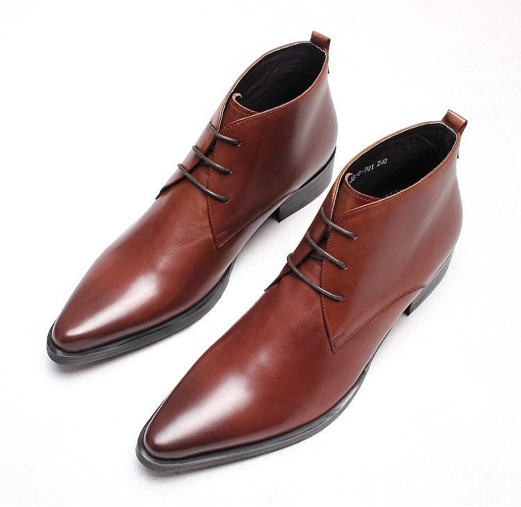 Men's lace-up dress boots, brown leather upper with stitched detailing and rounded toe