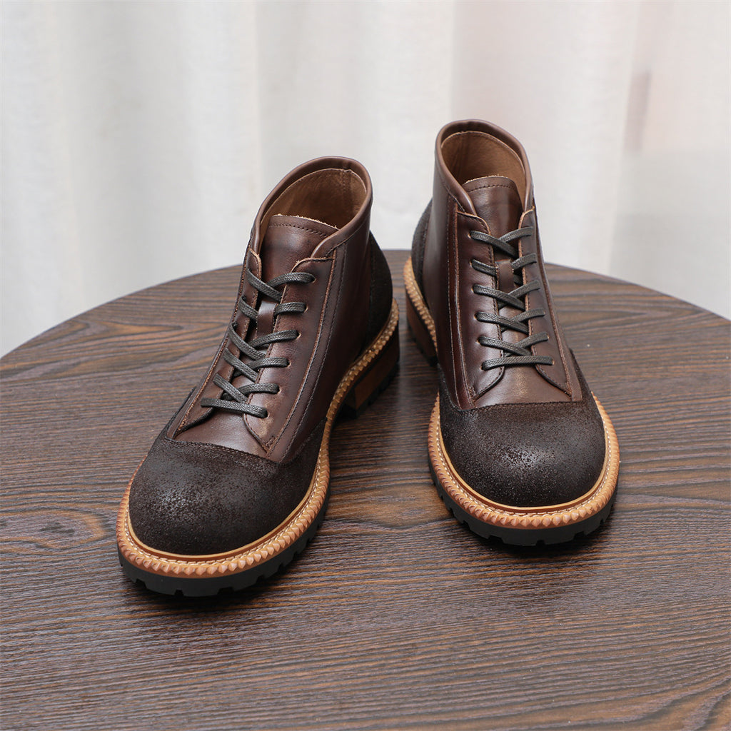 Men's Leather Textured Cap Toe Lug Sole Lace-Up Boots