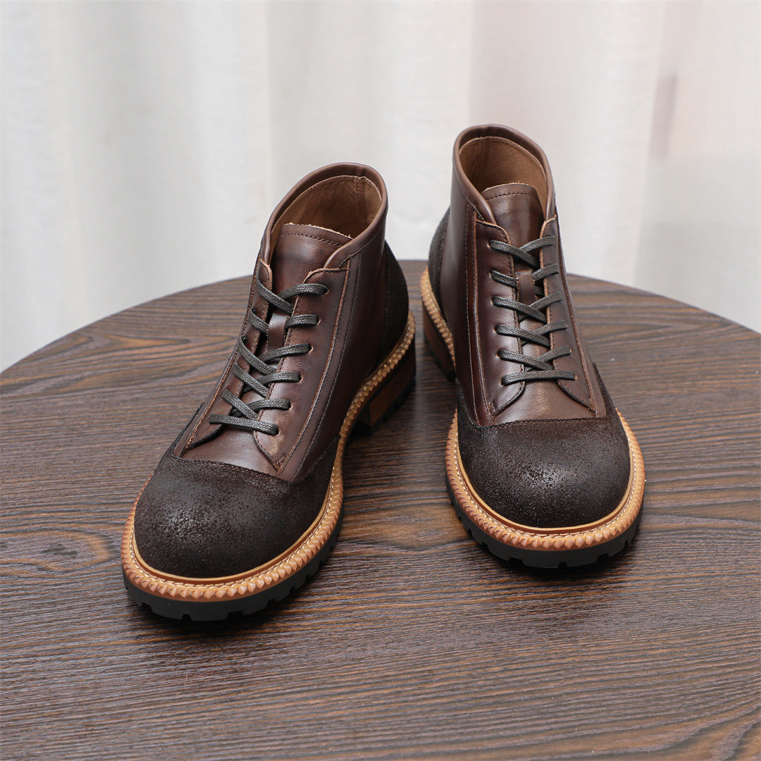Men's Leather Textured Cap Toe Lug Sole Lace-Up Boots