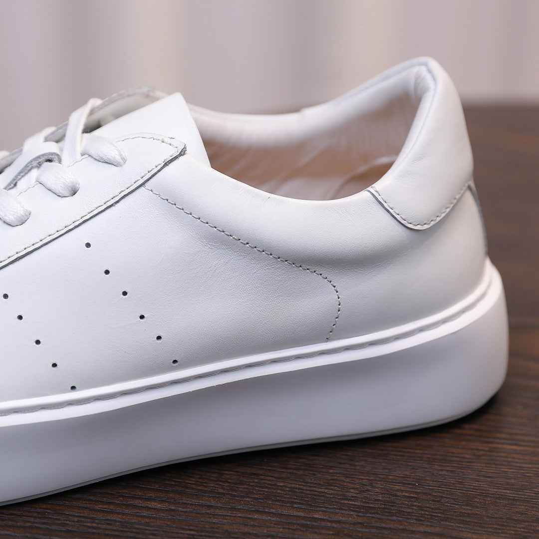 Men's leather sneakers, white, side close-up of leather panel seams and perforated toe
