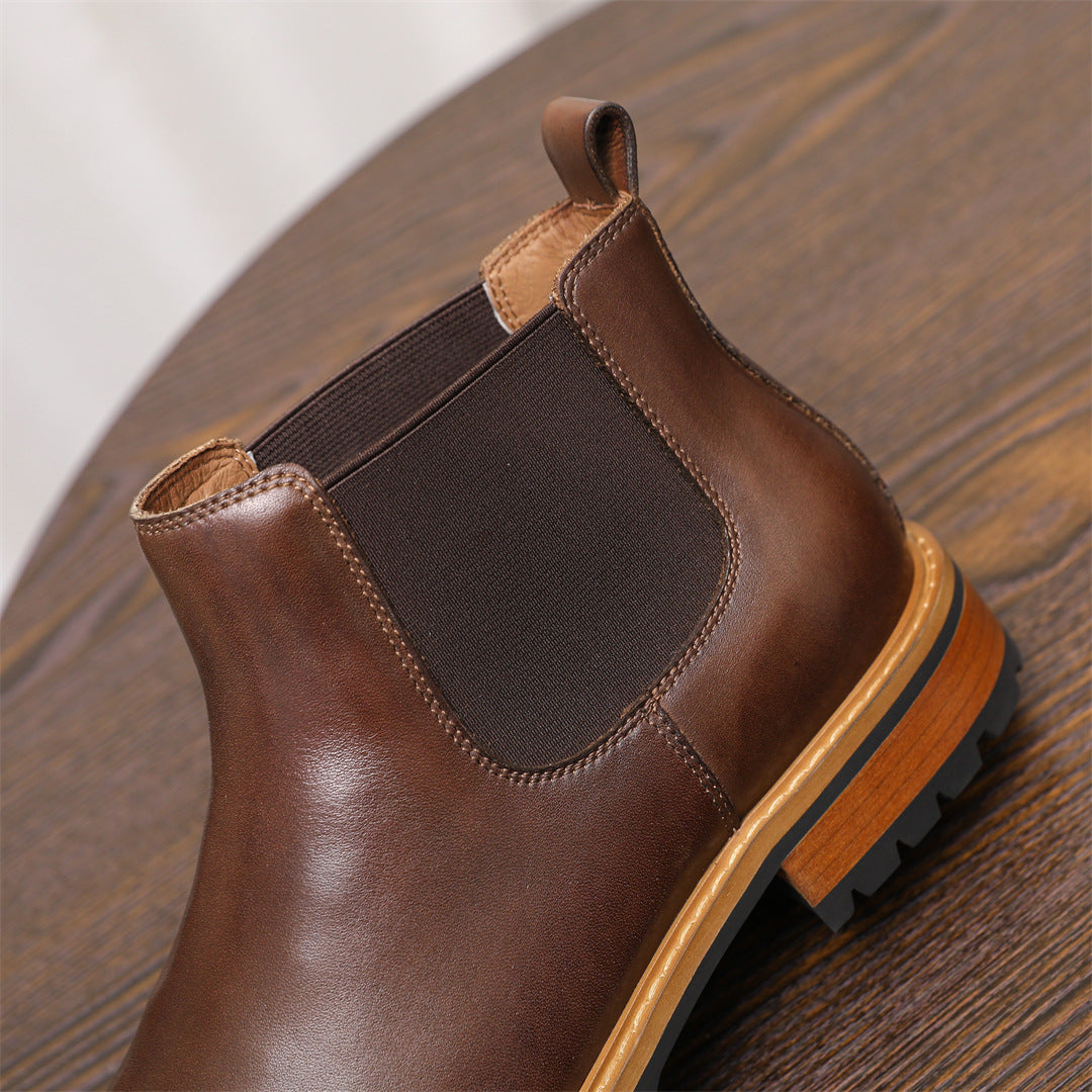 Round Plain Toe Leather Lug Chelsea Boots for Men