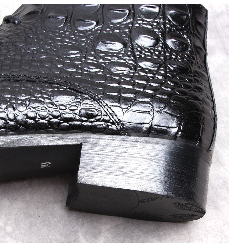 Men's black dress boot heel and side view with textured finish and stitched sole