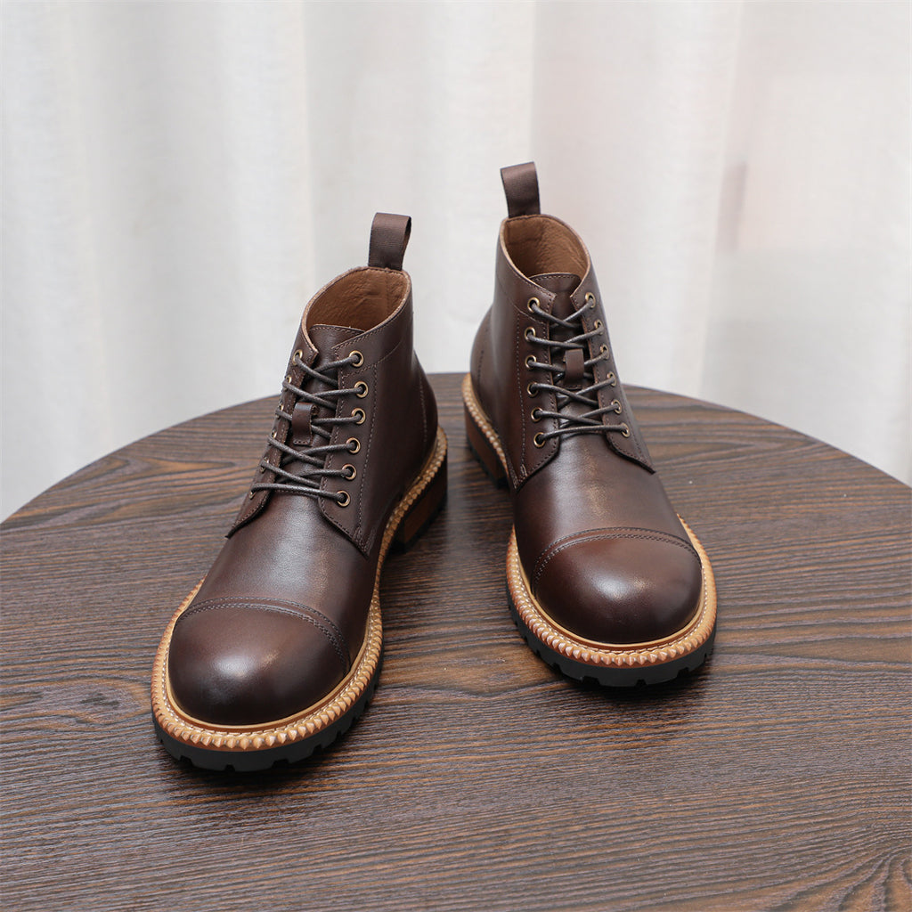 Cap Toe Leather Contrast-Welt Lace-Up Boots for Men