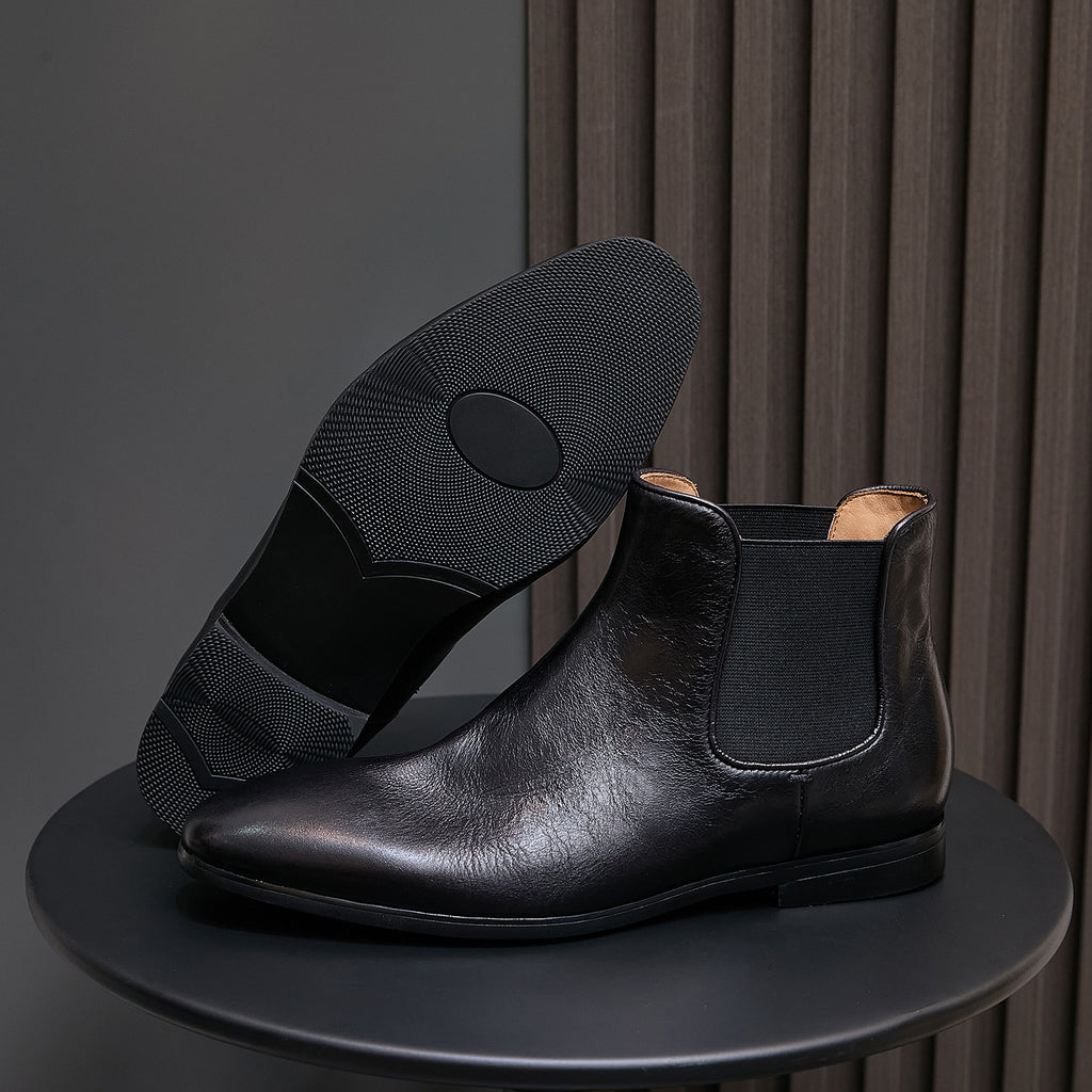 Pointed-toe suede Chelsea dress boot in black, elastic gore and textured sole