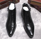 Black textured leather side-zip formal dress boots with thick sole, pointed toe