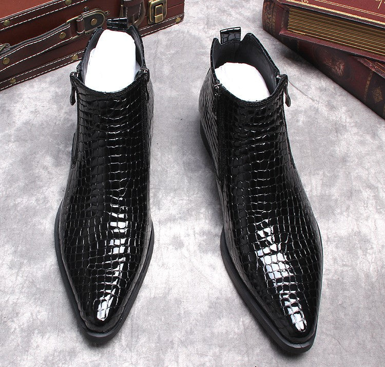 Black textured leather side-zip formal dress boots with thick sole, pointed toe