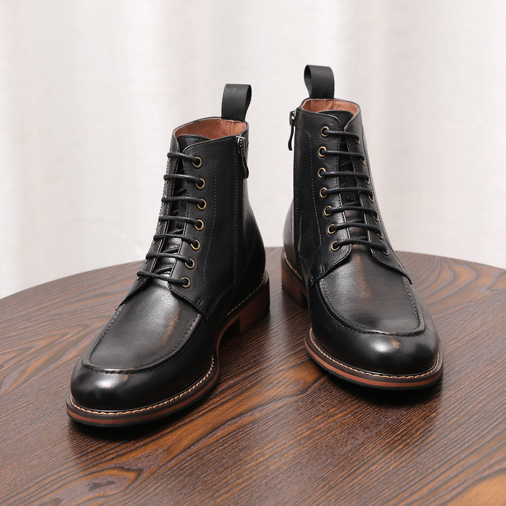 Men's Leather Moc Toe Side-Zip Lace-Up Ankle Boots