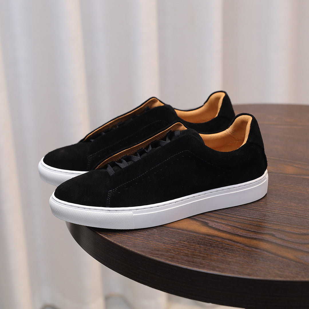 Men's black suede leather sneakers, lace-up with white rubber sole