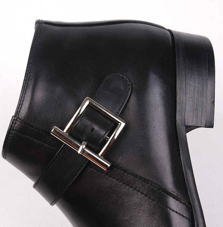 Black leather dress boot with side buckle strap and thick block heel
