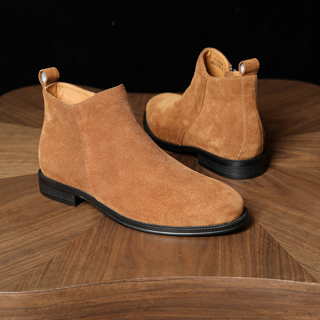 Men's pointed-toe leather side-zip dress boots, rear angle view, brown suede