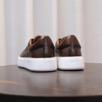 Genuine leather sneakers, dark brown with white rubber sole and heel tabs