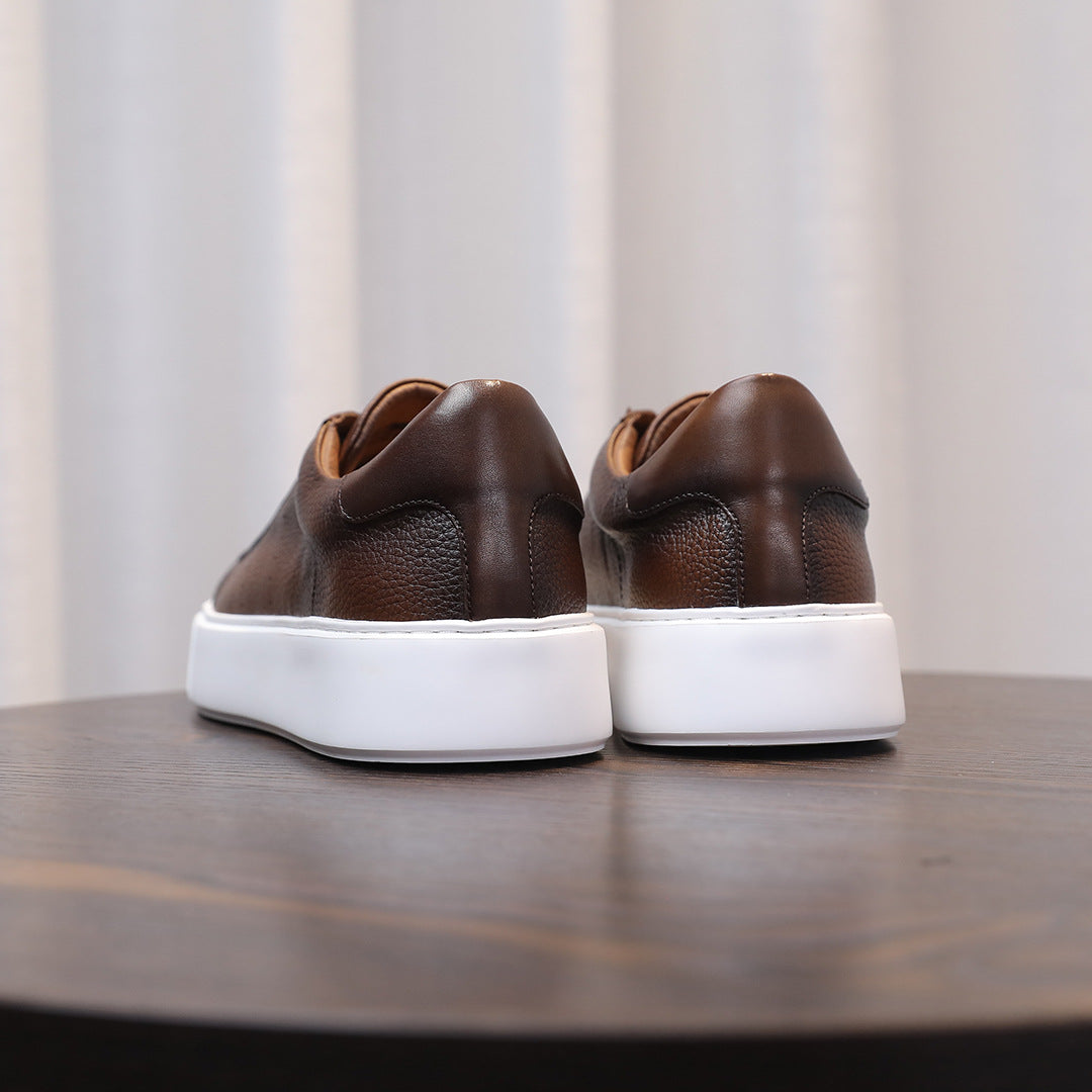 Genuine leather sneakers, dark brown with white rubber sole and heel tabs
