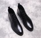 Men's lace-up dress boots, black leather finish, rounded toe, low heel