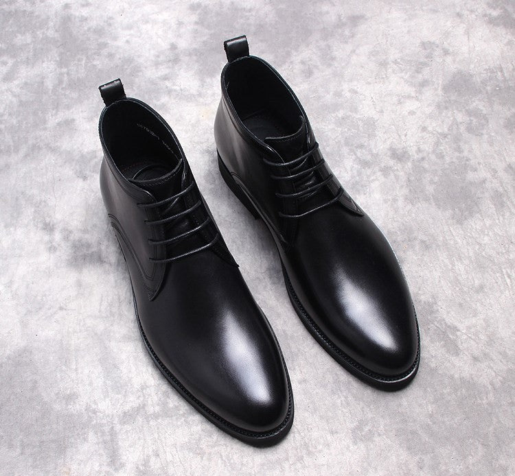 Men's lace-up dress boots, black leather finish, rounded toe, low heel