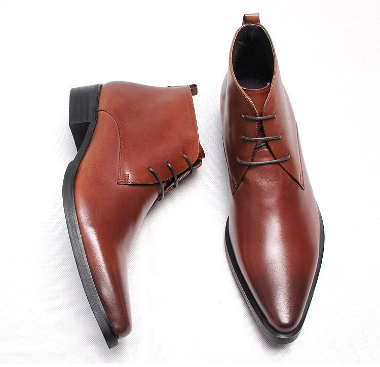 Men's lace-up dress boots, brown leather with panel stitching and thick rubber sole