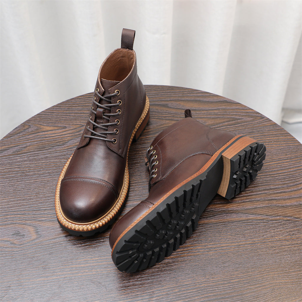 Cap Toe Leather Contrast-Welt Lace-Up Boots for Men