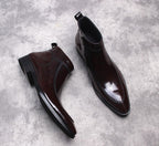 Men's leather side-zip dress boots with thick sole, dark brown, side view