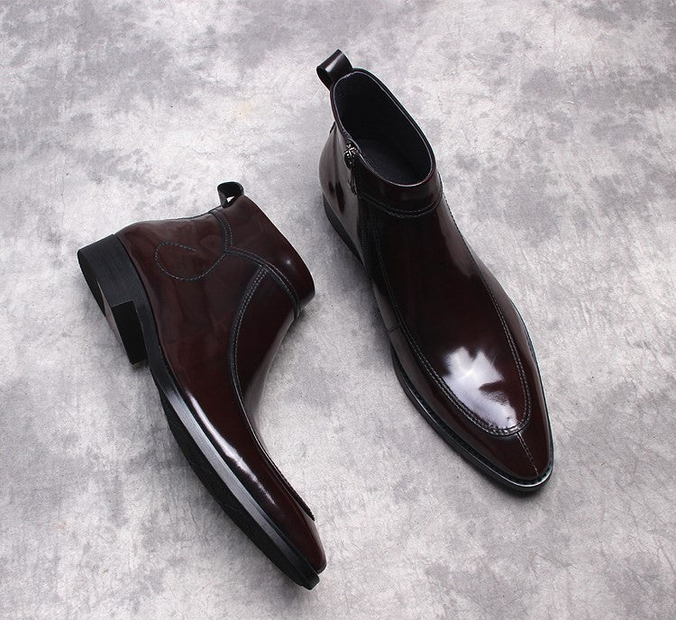 Men's leather side-zip dress boots with thick sole, dark brown, side view