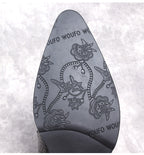 Men's black dress boot outsole with patterned traction grip and brand text