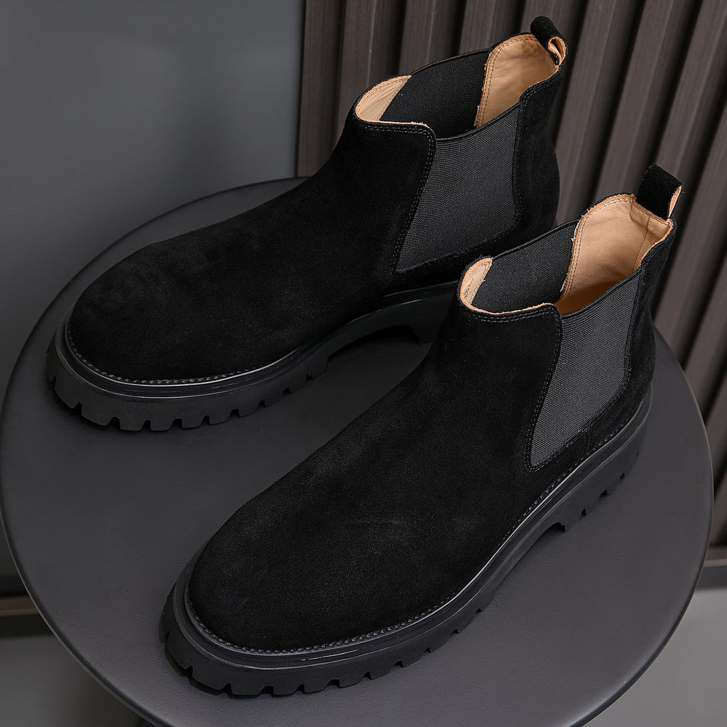 Round Plain Toe Suede Lug Chelsea Boots for Men