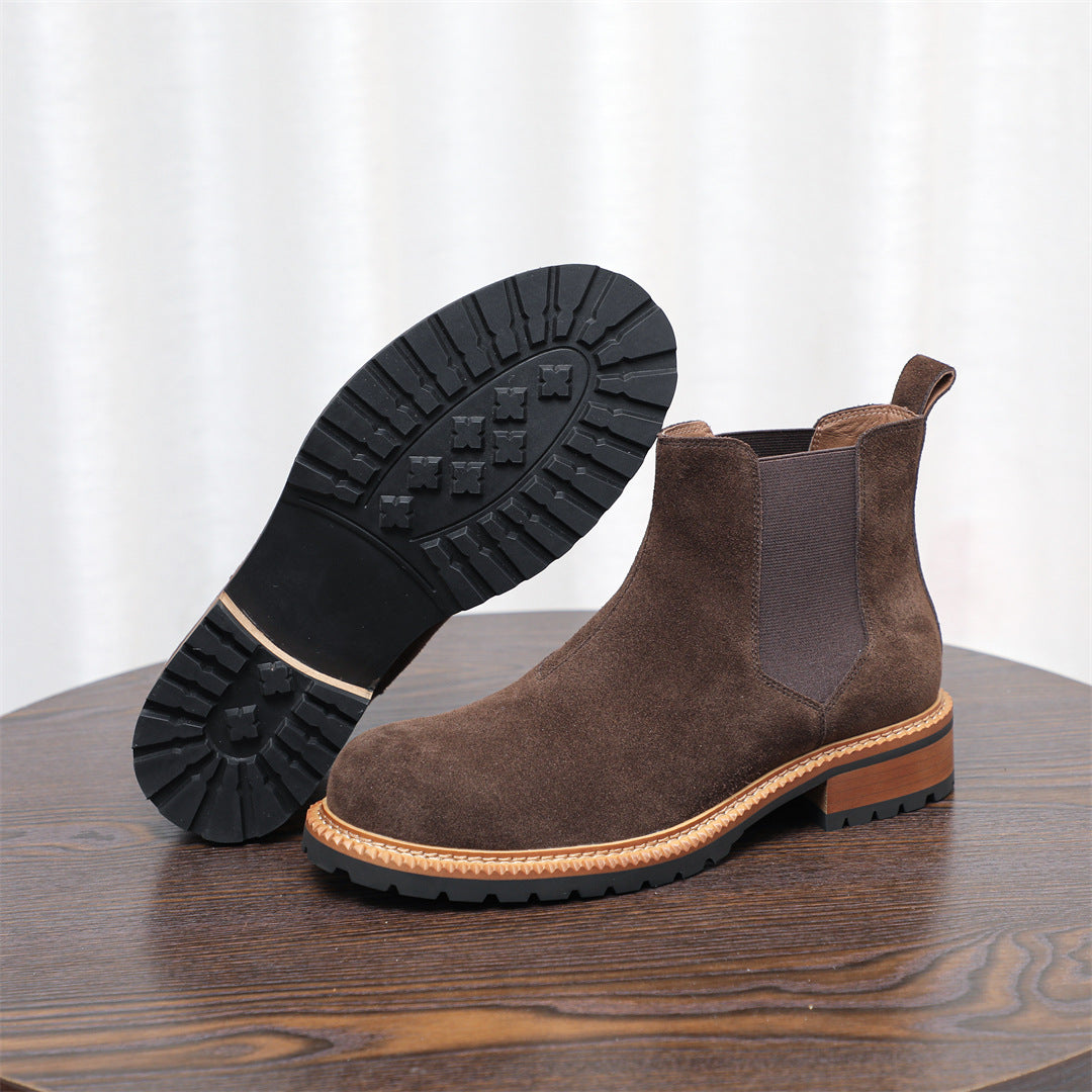 Round Plain Toe Suede Contrast-Welt Chelsea Boots for Men