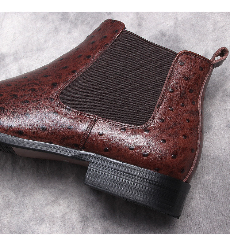 Dark brown leather Chelsea boot with elastic gore and perforated texture