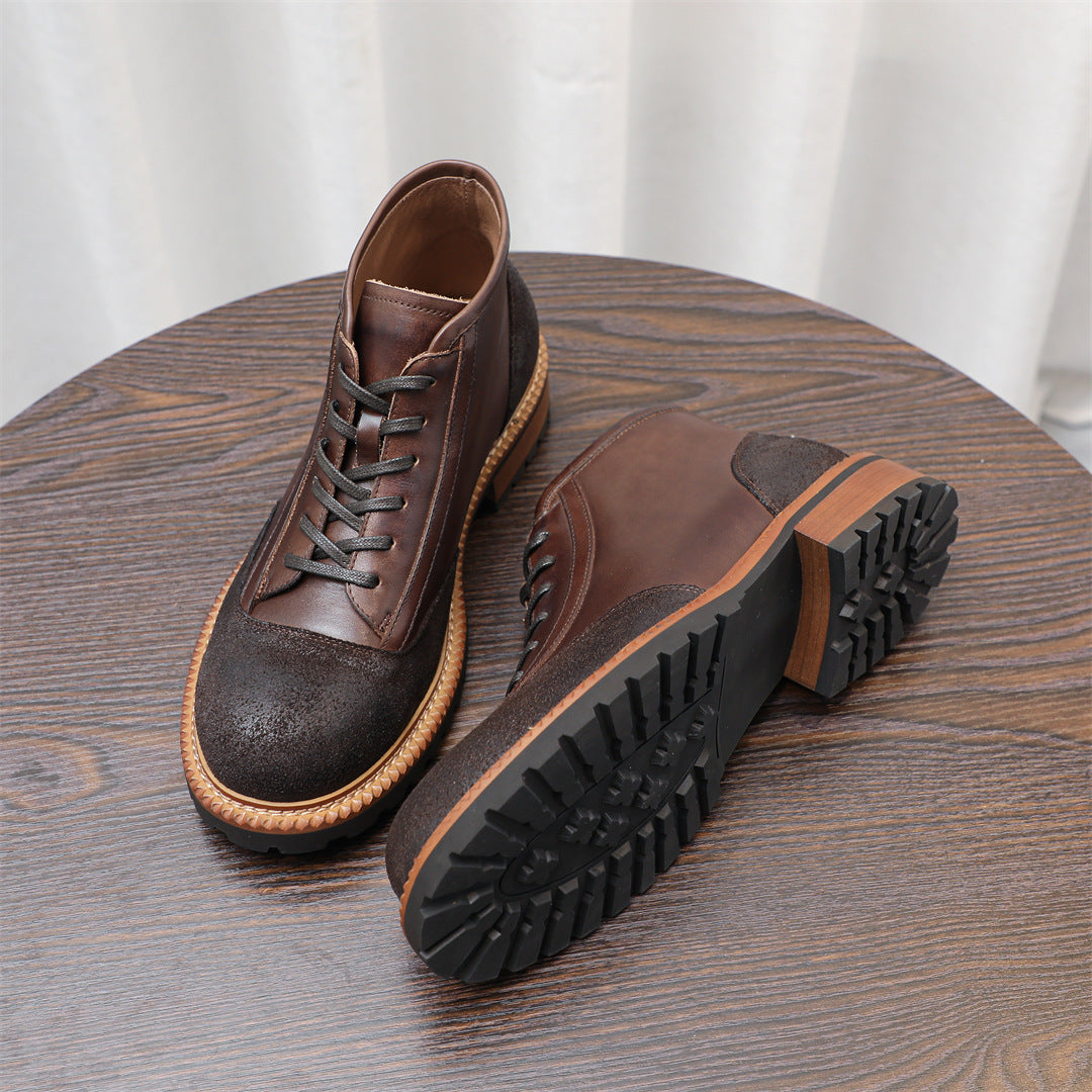 Men's Leather Textured Cap Toe Lug Sole Lace-Up Boots