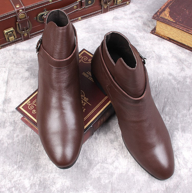 Brown leather ankle boots with pointed toe and side buckle strap, low block heel.