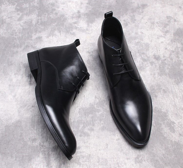 Black lace-up dress boots, side and front view with low heel
