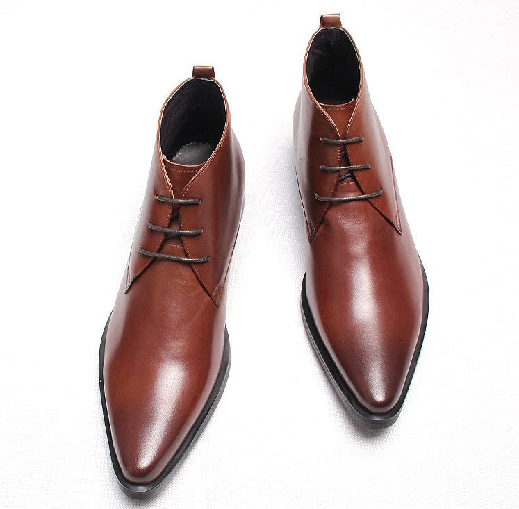 Men's lace-up dress boots, brown leather upper with black sole and 3-eyelet lacing