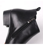 Black leather side-zip dress boot with thick block heel