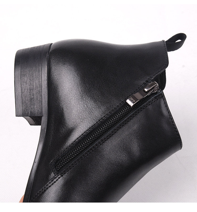 Black leather side-zip dress boot with thick block heel