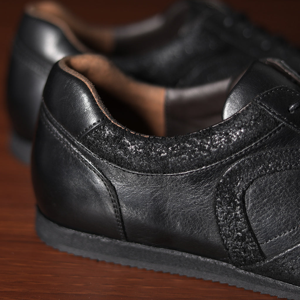 Men's genuine leather lace-up sneakers, black leather upper, low profile rubber sole