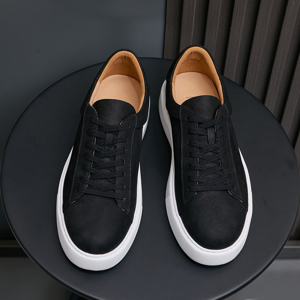 Men's genuine leather sneakers, black lace-up pair with white rubber outsole