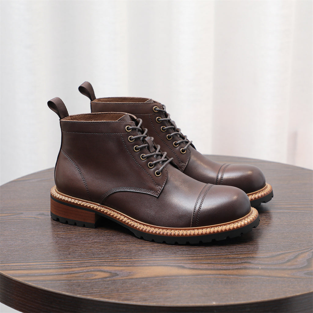 Cap Toe Leather Contrast-Welt Lace-Up Boots for Men